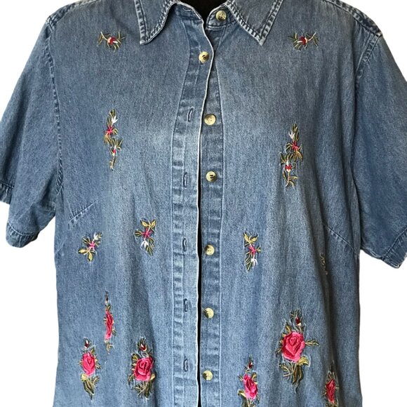 Capistrano Jeans Denim Shirt: Vintage 80s, Pink Red Rose Embroidery, Size L-XL - Picture 7 of 8